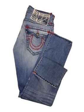 True Religion Ricky Relaxed Super T Straight Jeans Blue Red Stitch 29X31 Mens